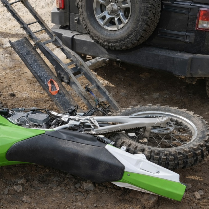 A broken, low-quality motorcycle rack that failed on rough terrain.