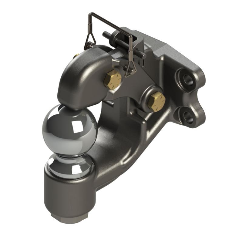 Combination pintle hook and standard ball hitch for versatile towing.