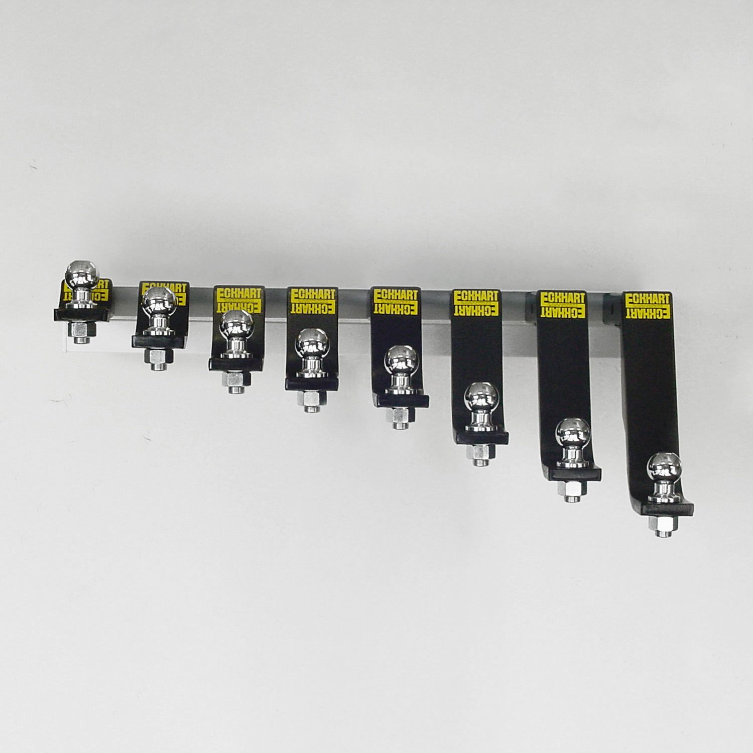A selection of Eckharts custom dropdown hitches and ball mounts for level towing, including Black Chrome finishes.