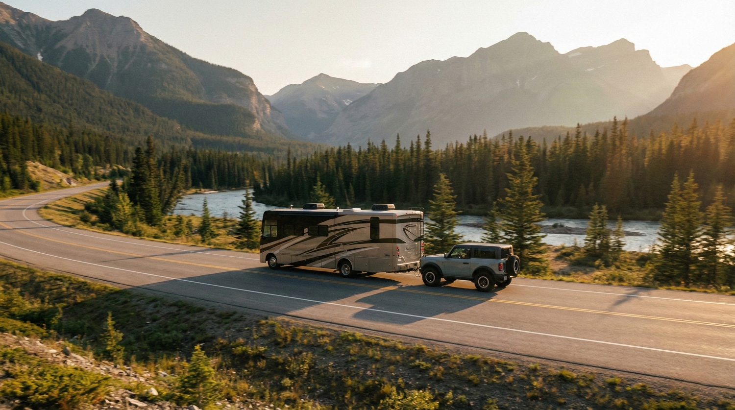 Motorhome safely towing a car using an Eckharts installed tow bar system.